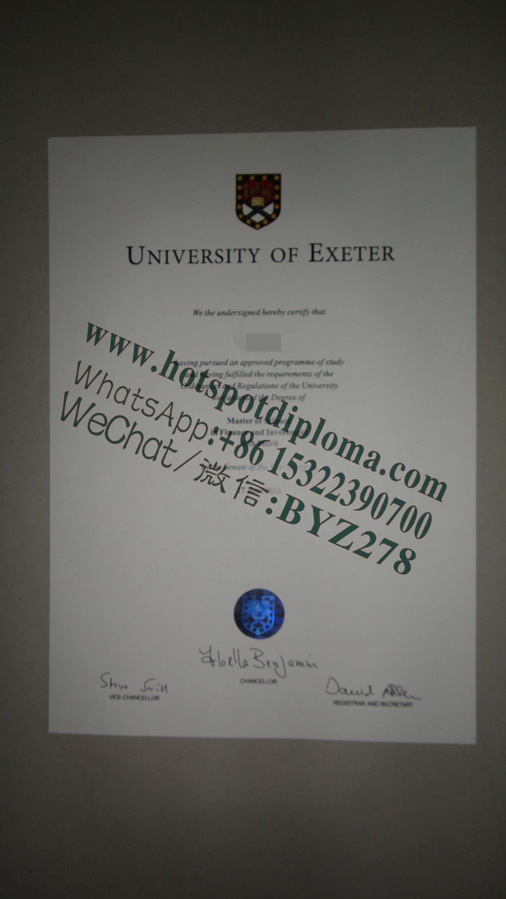 Fake University of Exeter Diploma certificate certificate