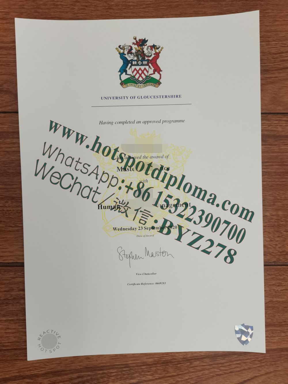 Fake University of Gloucestershire diploma certificate certificate