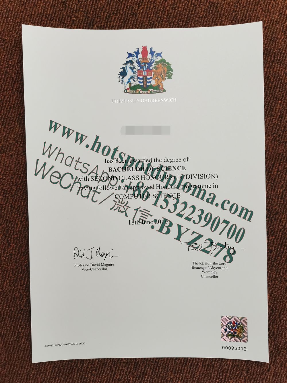 Fake University of Greenwich Diploma certificate certificate