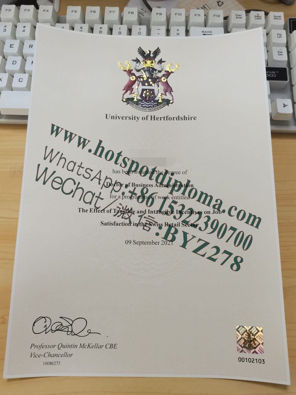 Fake University of Hertfordshire diploma sample certificate certificate