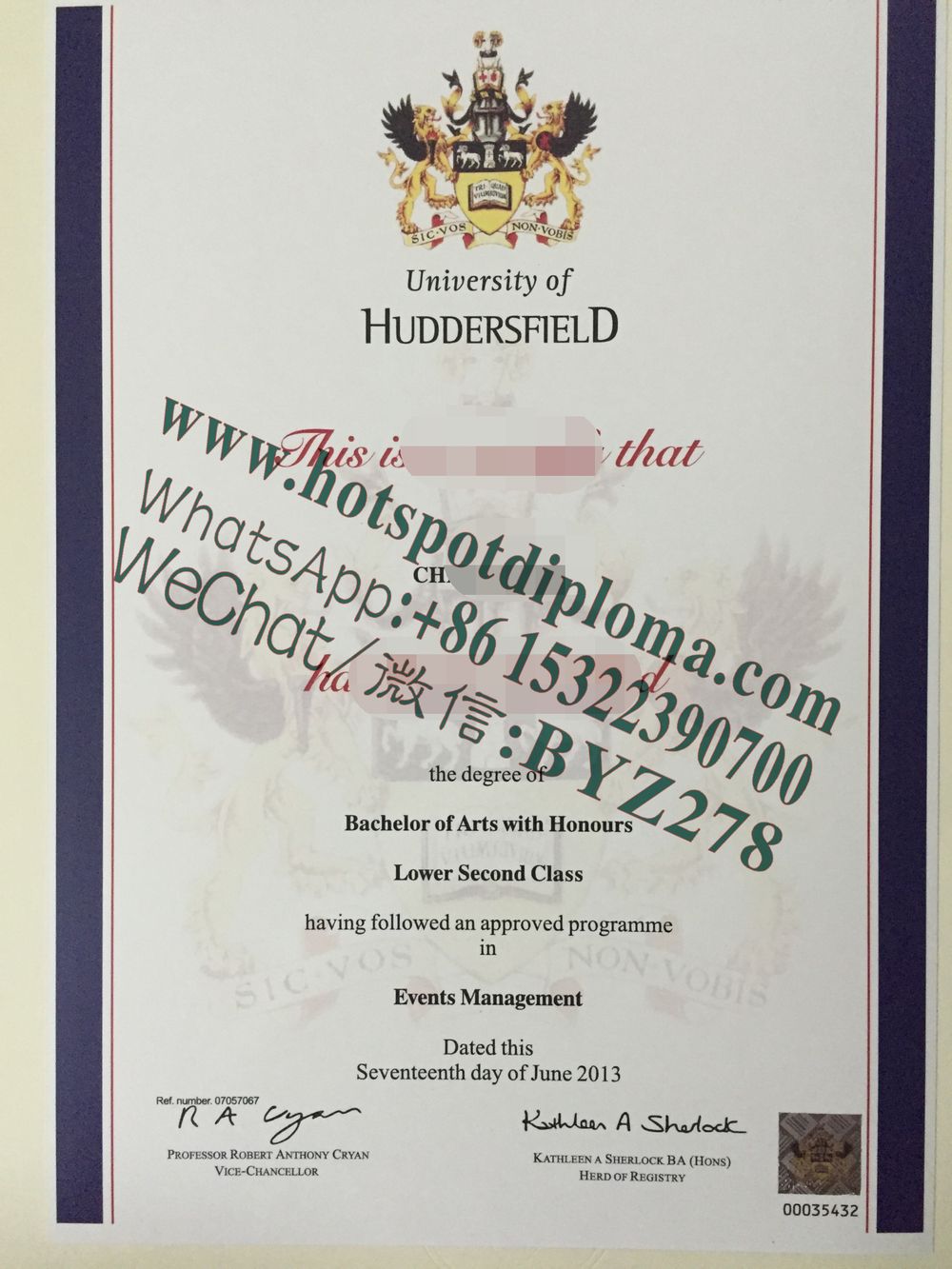 Fake University of Huddersfield Diploma certificate certificate