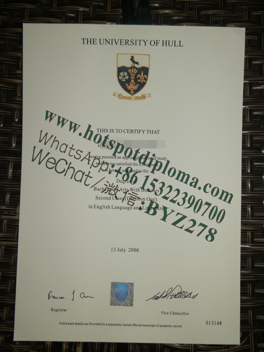 Fake University of Hull diploma certificate certificate