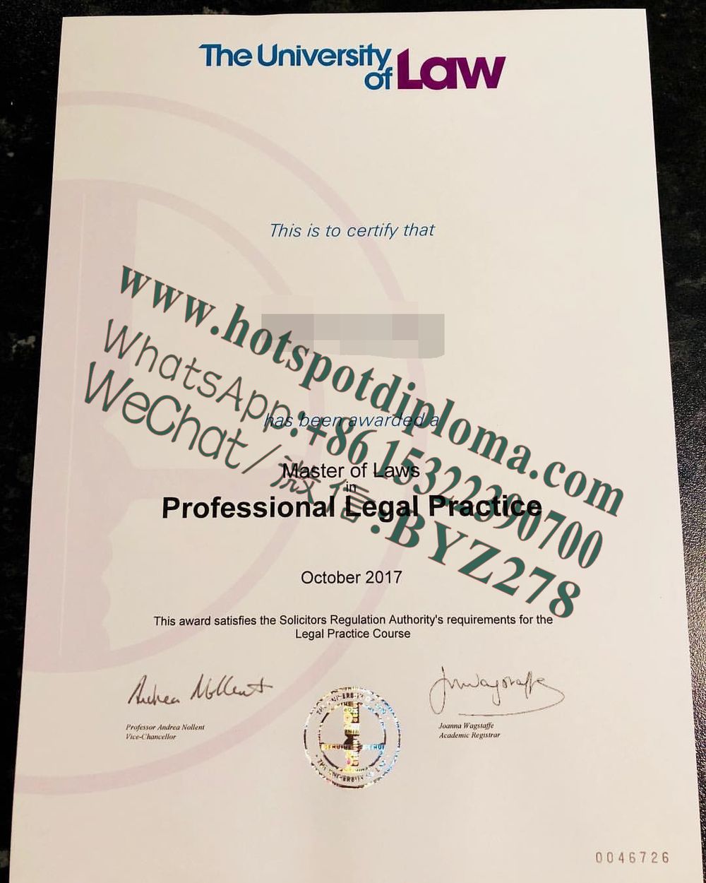 Fake University of Law Diploma certificate certificate