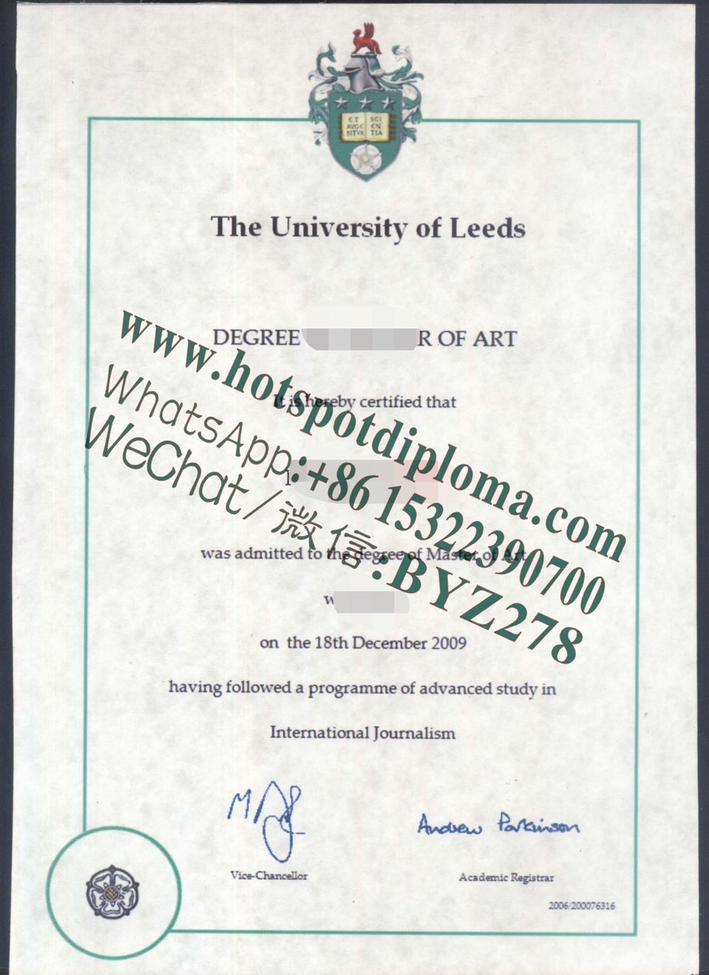Fake University of Leeds diploma certificate certificate