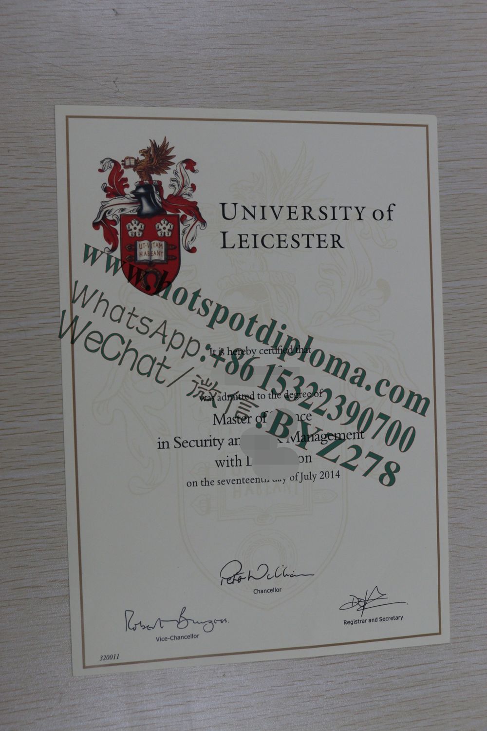 Fake University of Leicester Diploma certificate certificate
