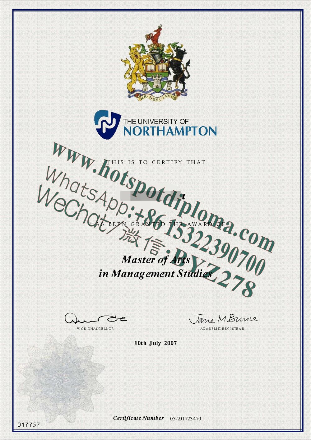 Fake University of Northampton  Diploma certificate certificate