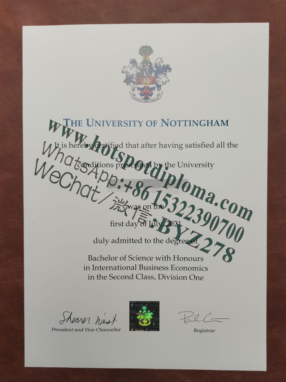 Fake University of Nottingham Diploma certificate certificate