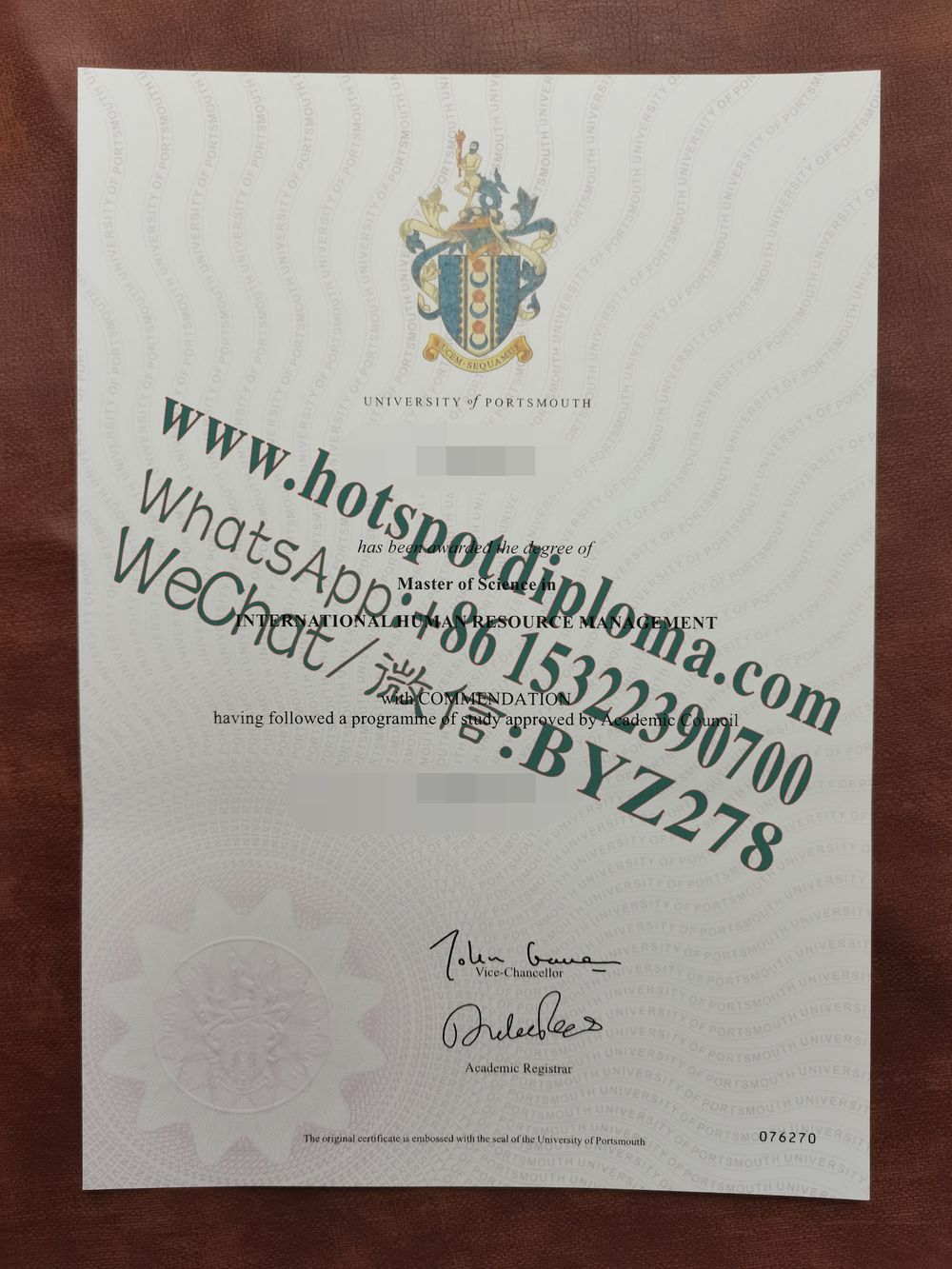 Fake University of Portsmouth diploma certificate certificate