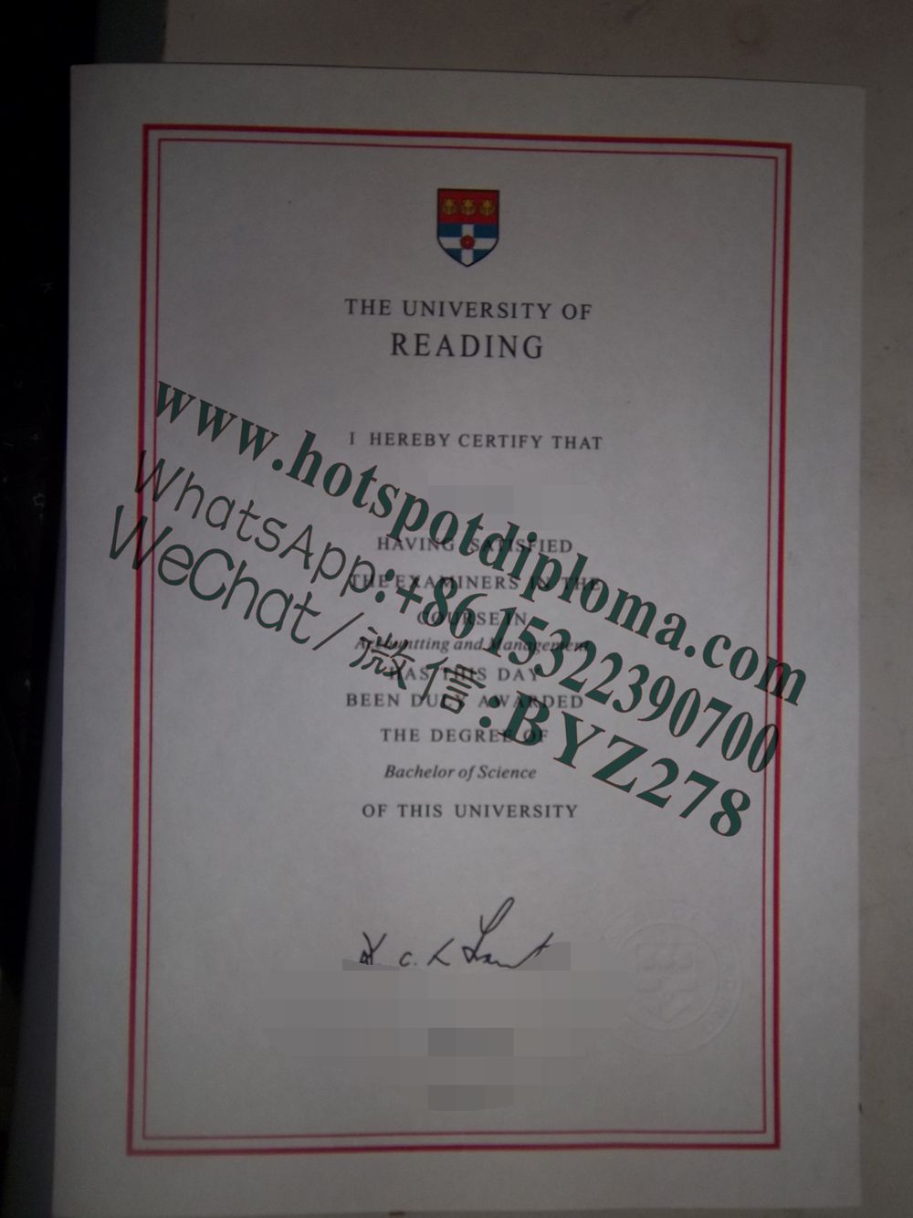 Fake University of Reading diploma certificate certificate