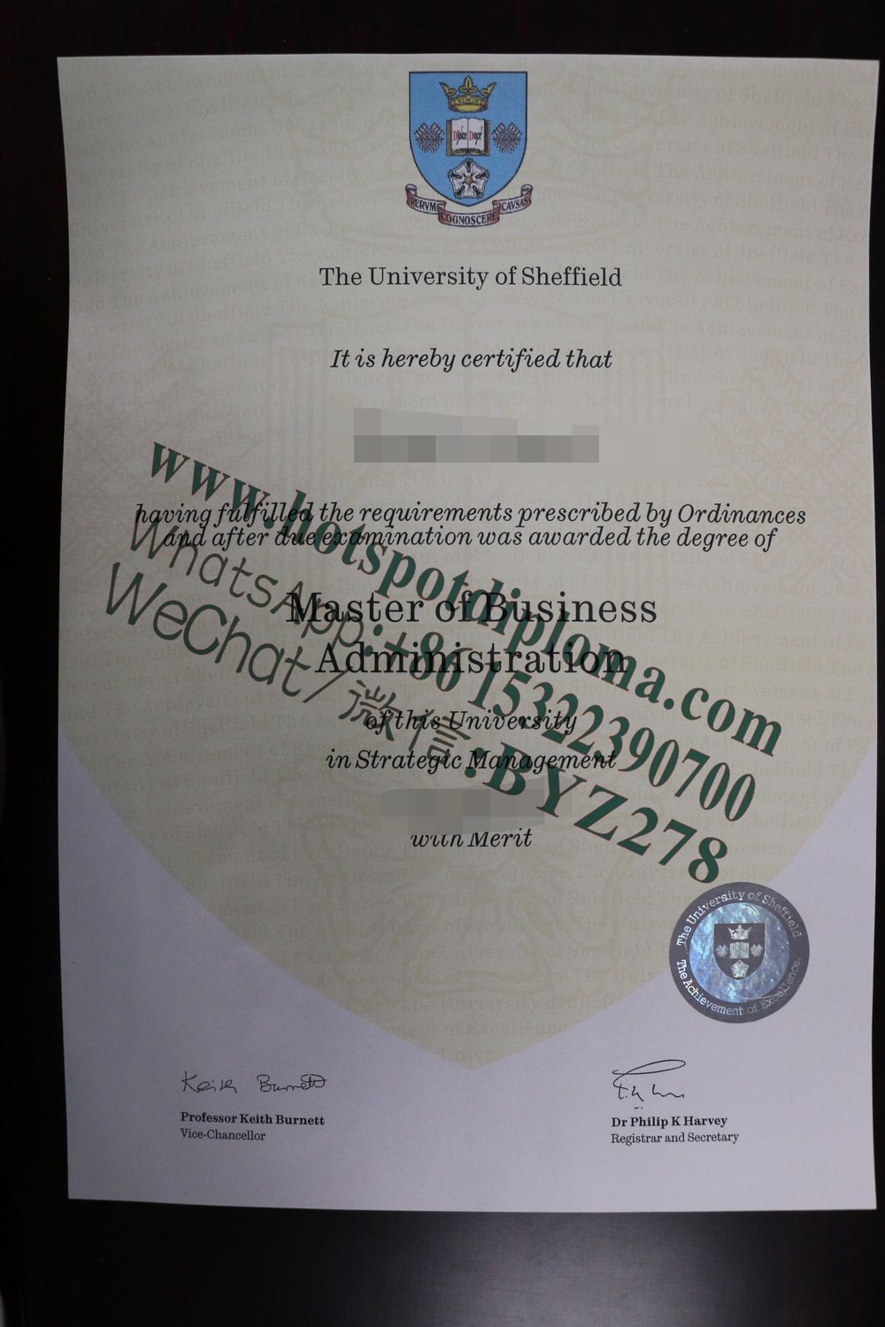 Fake University of Sheffield diploma certificate certificate
