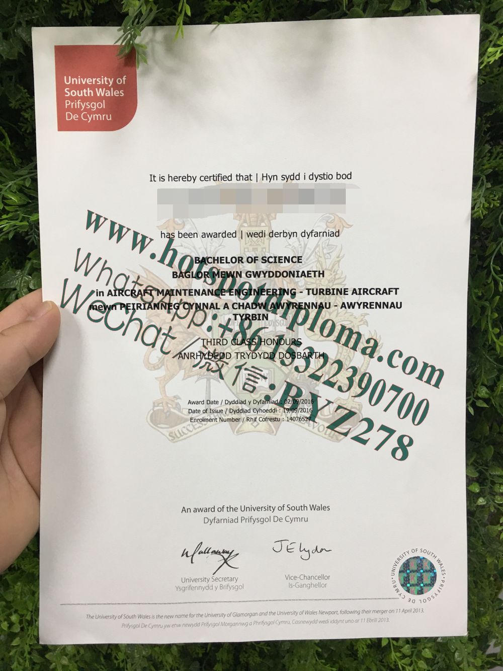 Fake University of South Wales Diploma certificate certificate