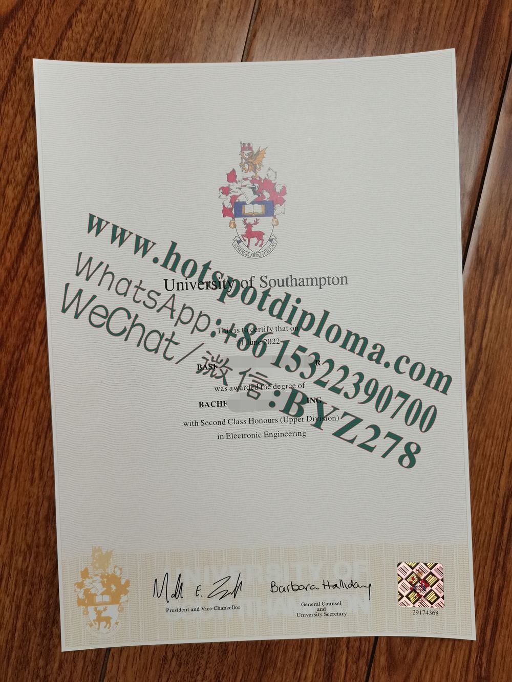 Fake University of Southampton Diploma certificate certificate