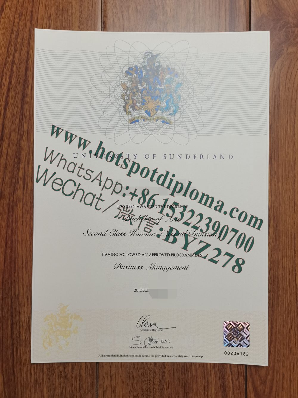 Fake University of Sunderland Diploma certificate certificate