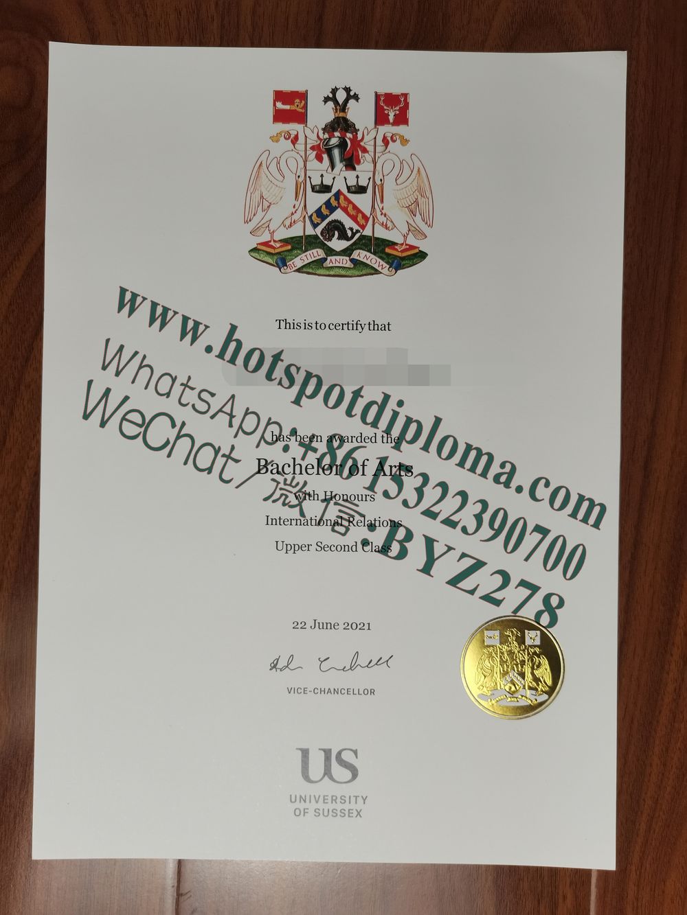 Fake University of Sussex Diploma sample certificate certificate