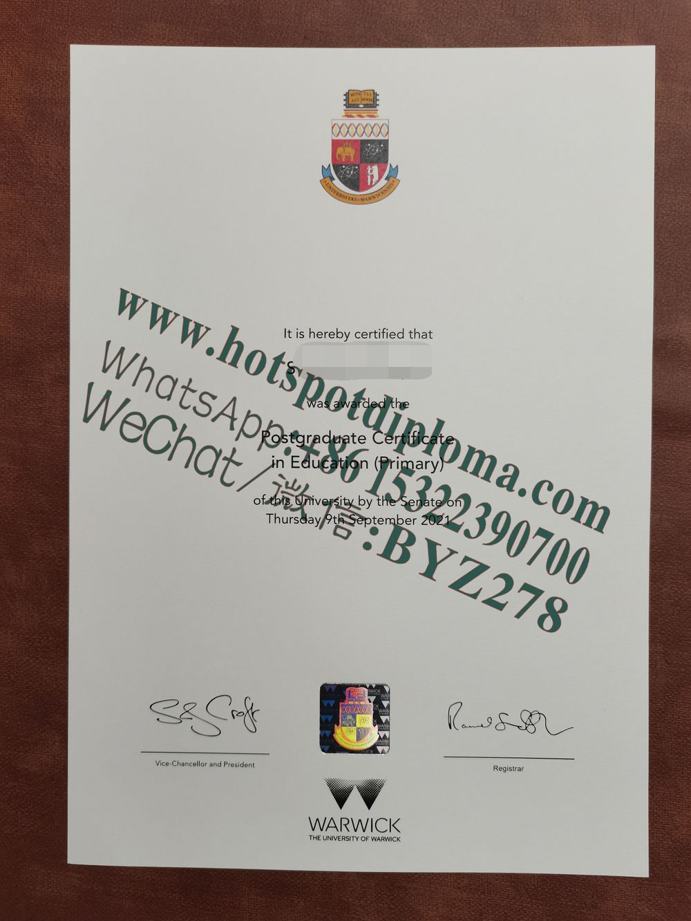 Fake University of Warwick diploma certificate certificate