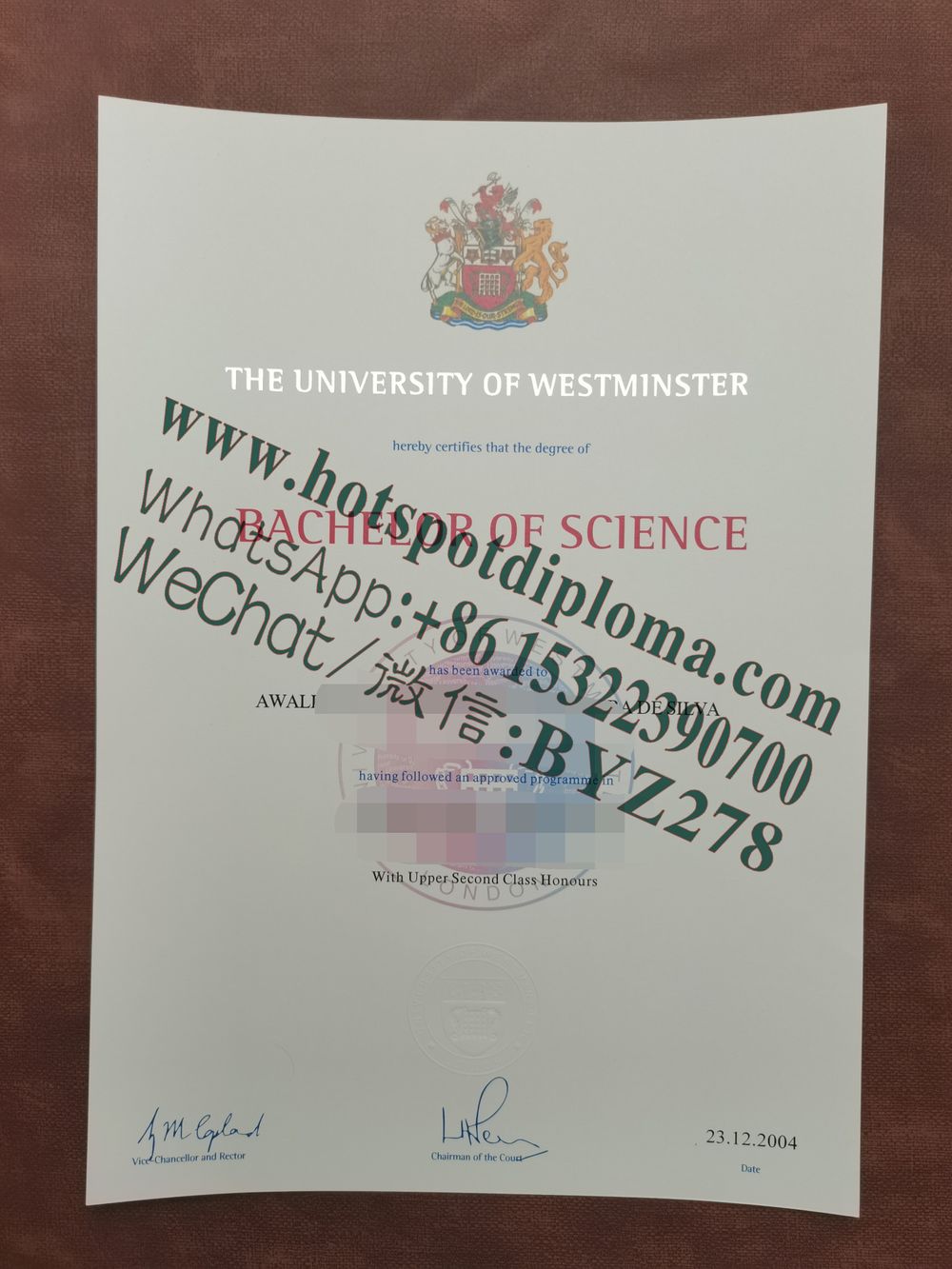 Fake University of Westminster Diploma certificate certificate