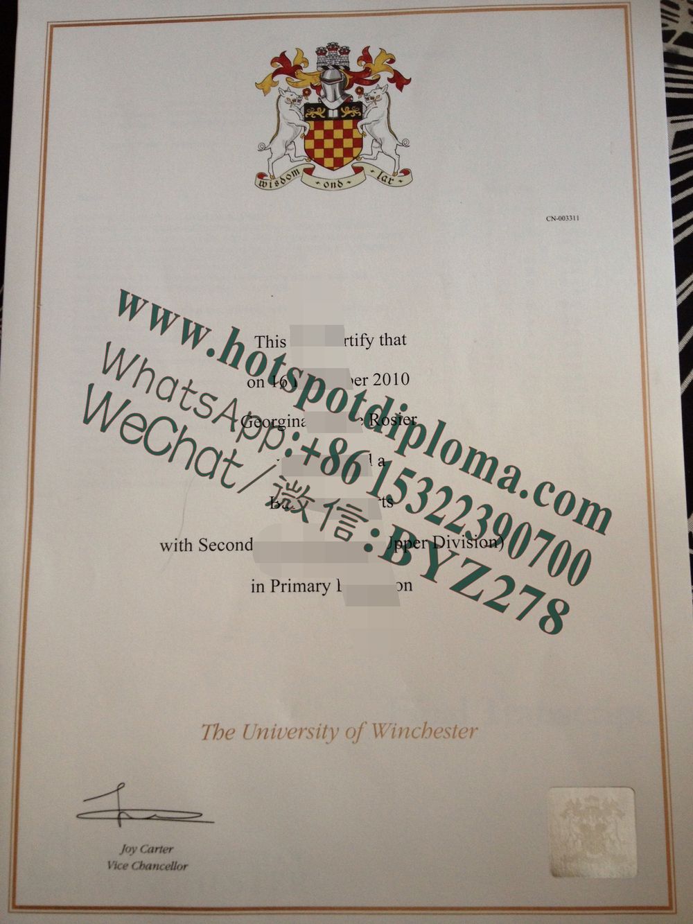 Fake University of Winchester diploma certificate certificate
