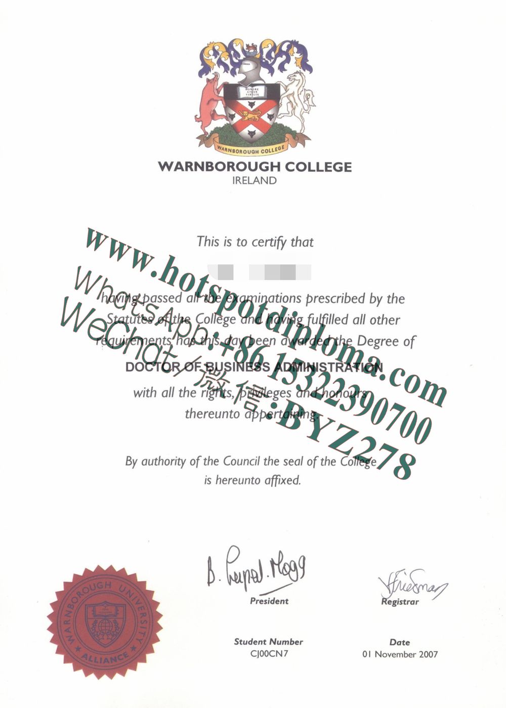 Fake Warnborough College  Diploma certificate certificate