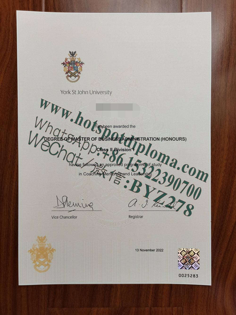 Fake York St John University Diploma certificate certificate