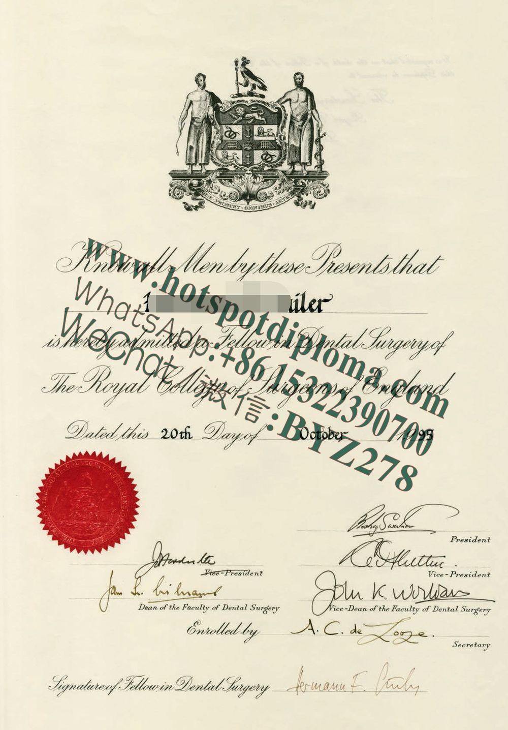 Fake the Royal College of Surgeons of England Diploma certificate certificate