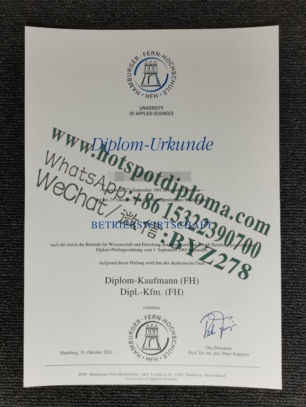 How Buy Hamburg University of Applied Sciences Diploma certificate